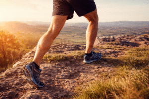 Lower body of a hiker climbing a rocky trail, highlighting leg strength and outdoor fitness.