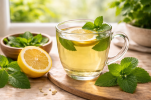 Lemon balm herbal tea for stress-related digestive issues and bloating natural health and nature remedy