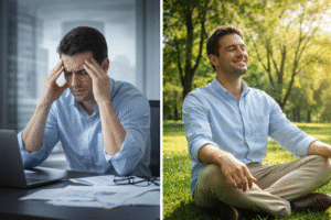 Comparison showing mental resilience improvement from urban stress to nature-based emotional balance and wellness