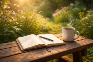Nature journaling setup promoting emotional balance and mental resilience through outdoor reflection and mindfulness practice