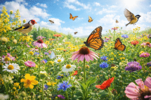 Biodiverse natural environment with wildflowers and wildlife supporting mental resilience and emotional balance through nature