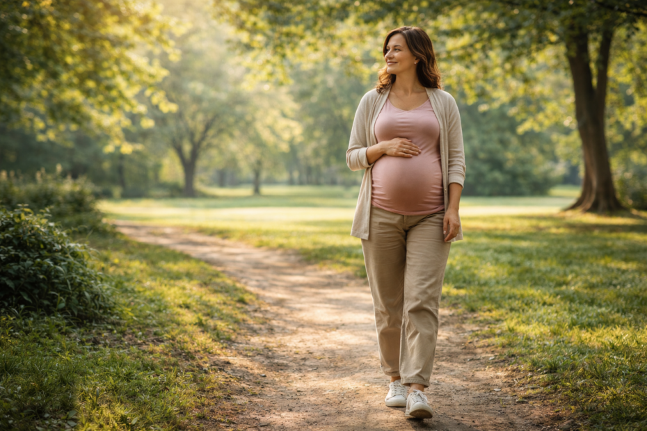 Pregnant woman walking in nature to support heart health and wellness