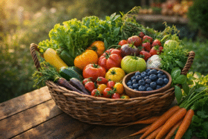 "Fresh seasonal fruits and vegetables in basket promoting nature-based nutrition habits and local eating"