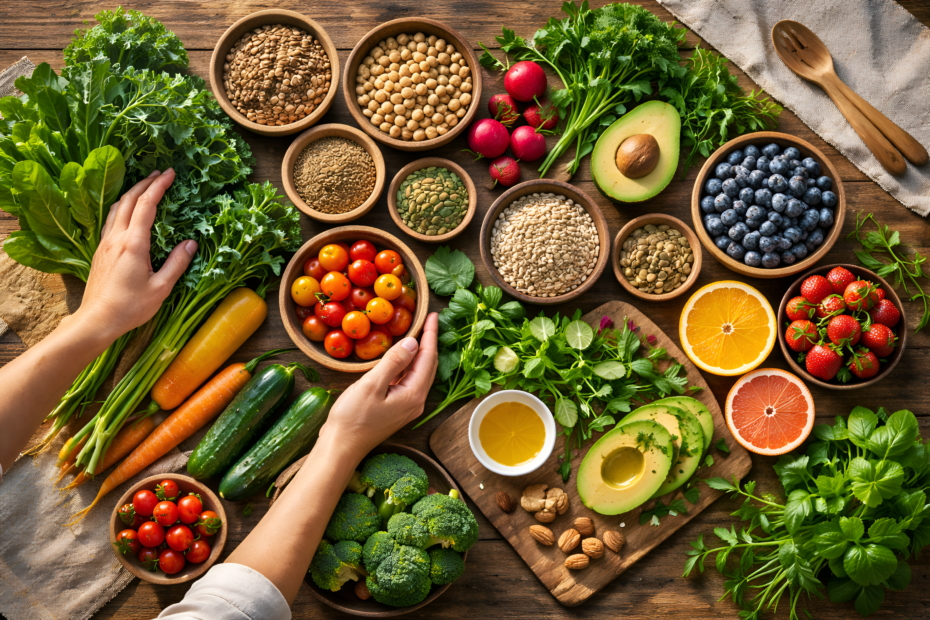 Plant-based eating benefits with colorful vegetables fruits whole grains and herbal plants for health and longevity