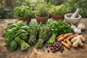 Fresh herbal plants including turmeric ginger and herbs showing health and nature benefits for plant-based nutrition