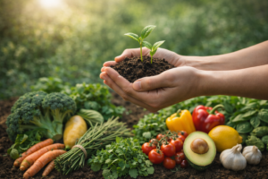 Plant-based eating supporting environmental health showing connection between nutrition and nature sustainability