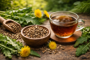 Dandelion root tea for digestive detox and bloating relief natural herbal plants for liver and gut health
