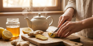 Making fresh ginger tea for digestive health and bloating relief natural nutrition and diet remedy