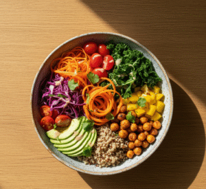 Plant-based meal made with fresh vegetables and whole grains