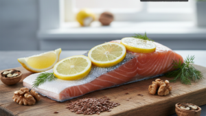 Fresh salmon fatty fish rich in omega-3 for lowering cholesterol and heart-healthy nutrition fitness diet