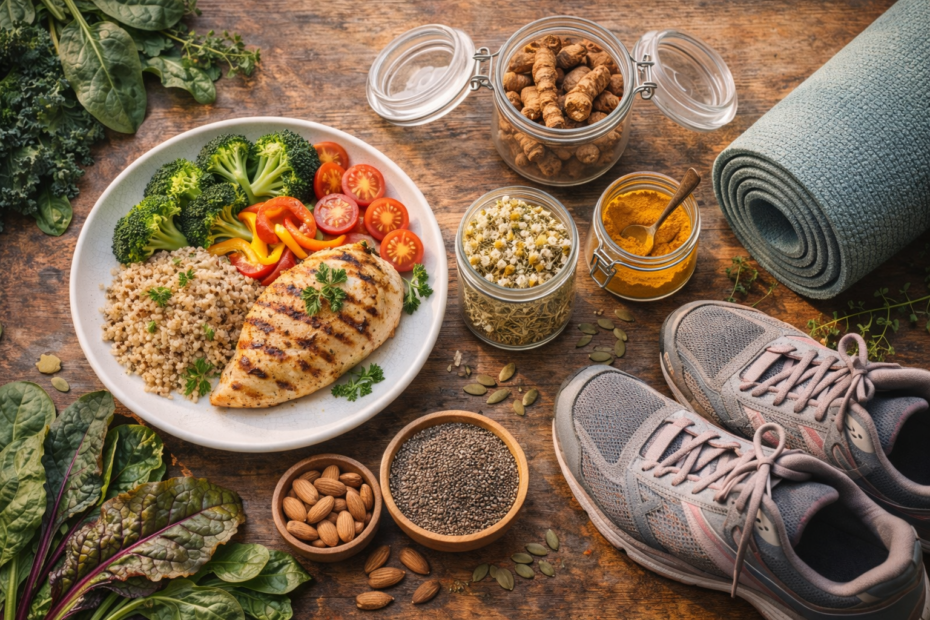 Flat lay composition showing fresh vegetables, running shoes, yoga gear, and jars of dried herbal plants, symbolizing a total wellness lifestyle.