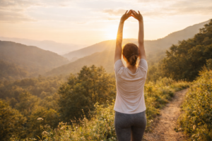 A person enjoying a morning stretch outdoors on a hiking trail, representing fitness as joyful movement in nature.