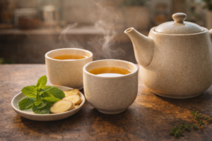 Close-up of fresh herbal tea with mint and ginger, illustrating the use of herbal plants for daily wellness support.